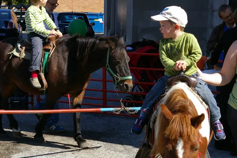 Ein kleiner Junge mit Kappe reitet auf einem braun-weißen Pony, dahinter ein weiteres Kind auf einem Pony