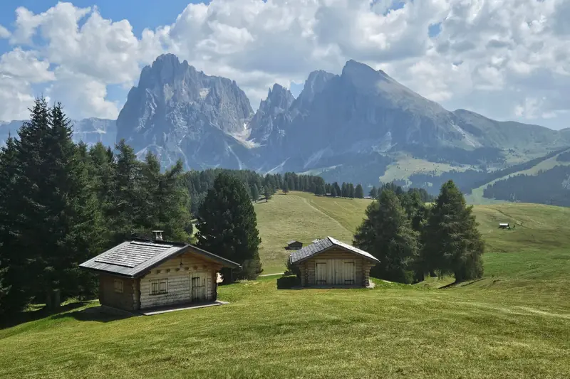 Two wooden huts in a meadow with jagged Dolomite peaks behind